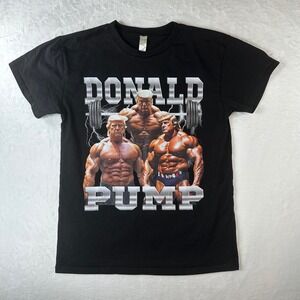 Donald Pump Trump Bodybuilder Graphic T-Shirt Black Heavy Cotton Mens Medium